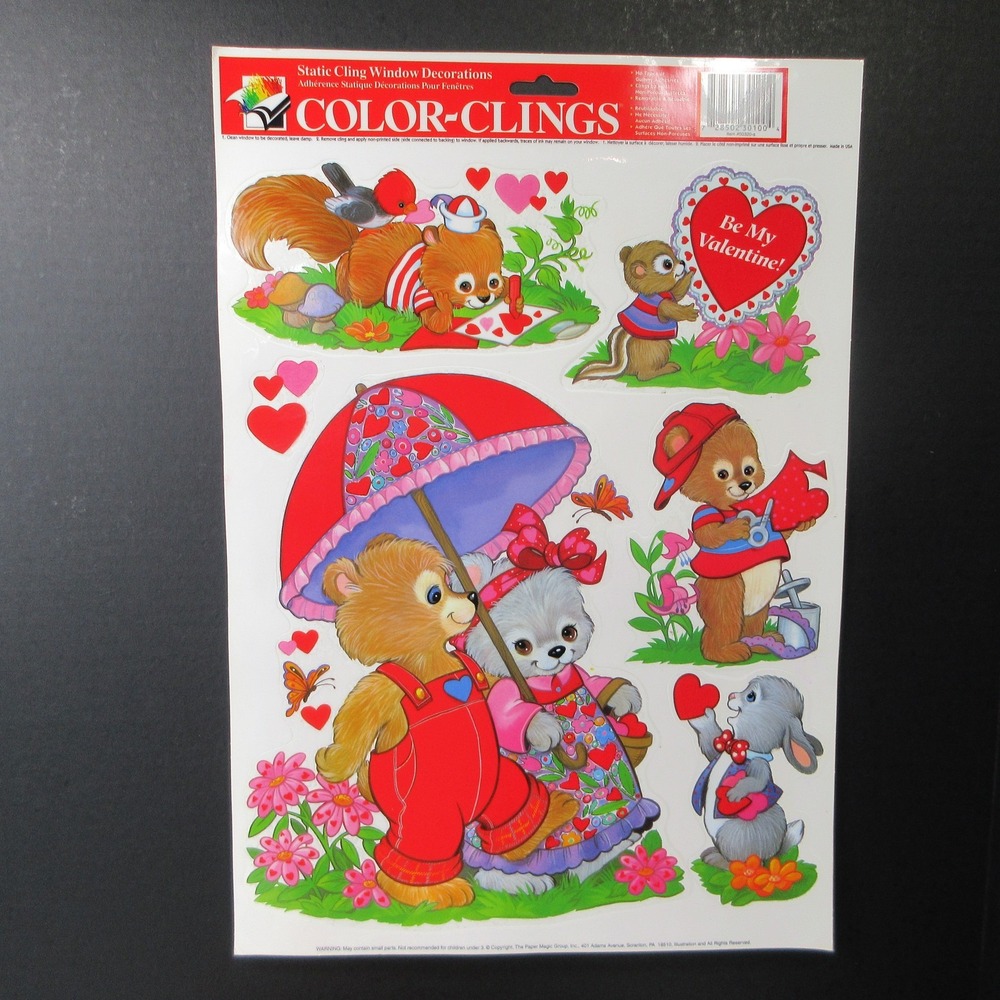 Vintage COLOR-CLINGS Valentine's Day Static Window Clings Decorations Animals